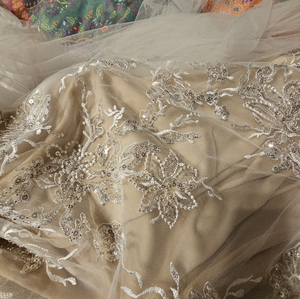 Beautiful Ivory and Champaign off the shoulder wedding dress